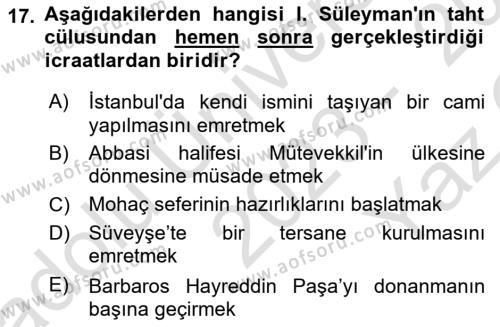 Osmanlı Tarihi (1300-1566) Dersi 2023 - 2024 Yılı Yaz Okulu Sınavı 17. Soru