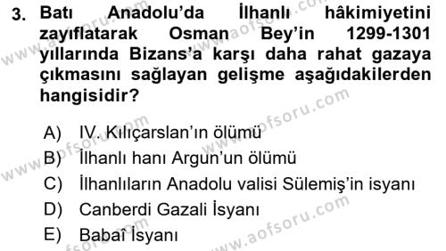 Osmanlı Tarihi (1300-1566) Dersi 2023 - 2024 Yılı Yaz Okulu Sınavı 3. Soru