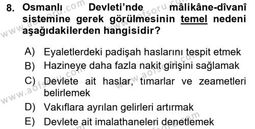 Osmanlı Merkez ve Taşra Teşkilatı Dersi 2023 - 2024 Yılı (Vize) Ara Sınavı 8. Soru