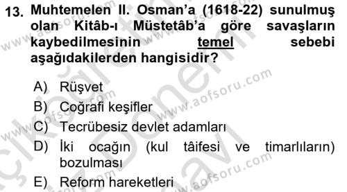 Osmanlı Merkez ve Taşra Teşkilatı Dersi 2023 - 2024 Yılı (Final) Dönem Sonu Sınavı 13. Soru