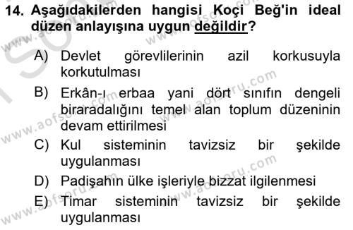 Osmanlı Merkez ve Taşra Teşkilatı Dersi 2023 - 2024 Yılı (Final) Dönem Sonu Sınavı 14. Soru