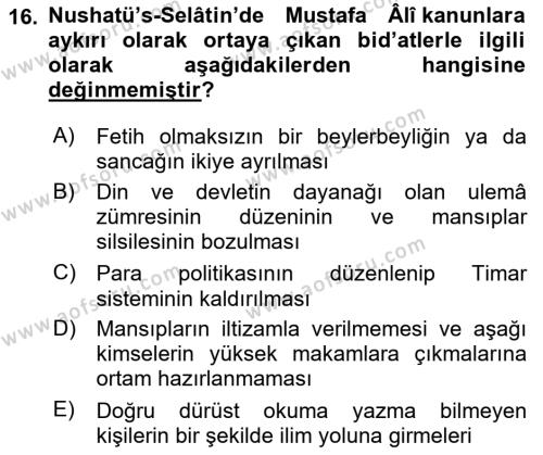 Osmanlı Merkez ve Taşra Teşkilatı Dersi 2023 - 2024 Yılı (Final) Dönem Sonu Sınavı 16. Soru