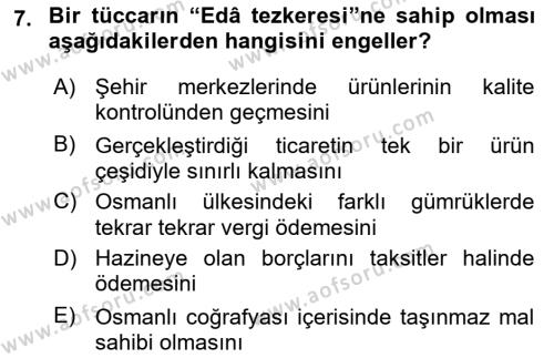 Osmanlı Merkez ve Taşra Teşkilatı Dersi 2023 - 2024 Yılı (Final) Dönem Sonu Sınavı 7. Soru