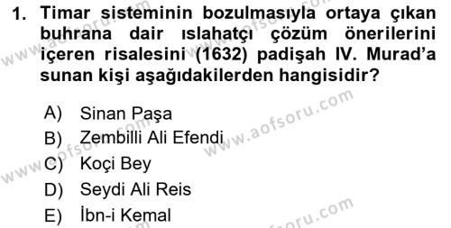 Osmanlı Merkez ve Taşra Teşkilatı Dersi 2023 - 2024 Yılı Yaz Okulu Sınavı 1. Soru