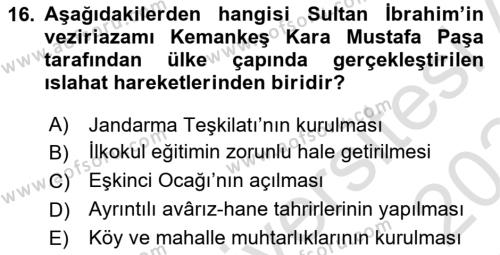 Osmanlı Merkez ve Taşra Teşkilatı Dersi 2023 - 2024 Yılı Yaz Okulu Sınavı 16. Soru