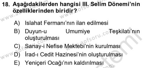 Osmanlı Merkez ve Taşra Teşkilatı Dersi 2023 - 2024 Yılı Yaz Okulu Sınavı 18. Soru