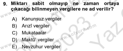 Osmanlı Merkez ve Taşra Teşkilatı Dersi 2023 - 2024 Yılı Yaz Okulu Sınavı 9. Soru