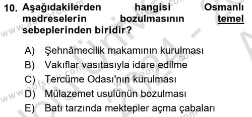 Osmanlı Merkez ve Taşra Teşkilatı Dersi 2024 - 2025 Yılı (Vize) Ara Sınavı 10. Soru