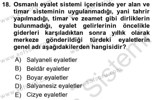 Osmanlı Merkez ve Taşra Teşkilatı Dersi 2024 - 2025 Yılı (Vize) Ara Sınavı 18. Soru