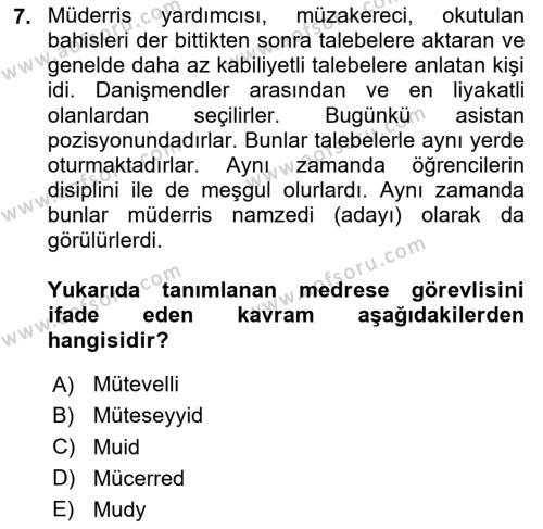 Osmanlı Merkez ve Taşra Teşkilatı Dersi 2024 - 2025 Yılı (Vize) Ara Sınavı 7. Soru