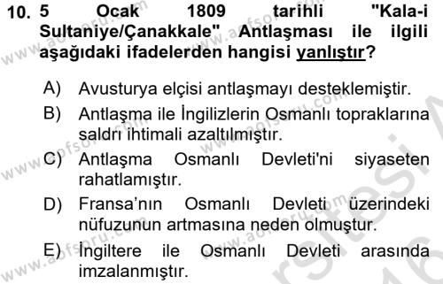 Osmanlı Tarihi (1789-1876) Dersi 2015 - 2016 Yılı (Final) Dönem Sonu Sınavı 10. Soru