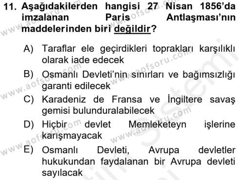 Osmanlı Tarihi (1789-1876) Dersi 2017 - 2018 Yılı (Final) Dönem Sonu Sınavı 11. Soru