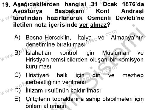 Osmanlı Tarihi (1789-1876) Dersi 2018 - 2019 Yılı Yaz Okulu Sınavı 19. Soru