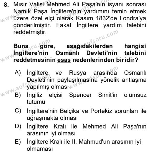 Osmanlı Tarihi (1789-1876) Dersi 2021 - 2022 Yılı (Final) Dönem Sonu Sınavı 8. Soru