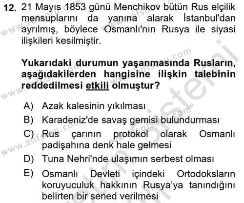 Osmanlı Tarihi (1789-1876) Dersi 2021 - 2022 Yılı Yaz Okulu Sınavı 12. Soru