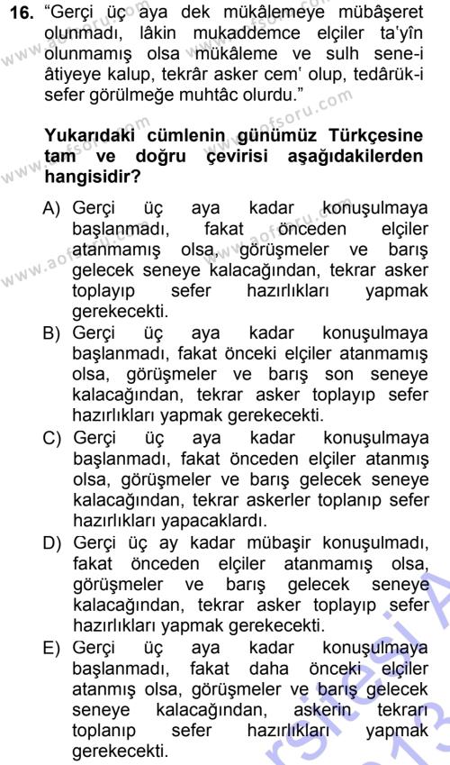 Osmanlı Türkçesi Metinleri 1 Dersi 2012 - 2013 Yılı (Final) Dönem Sonu Sınavı 16. Soru