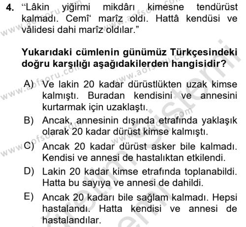 Osmanlı Türkçesi Metinleri 1 Dersi 2019 - 2020 Yılı (Vize) Ara Sınavı 4. Soru