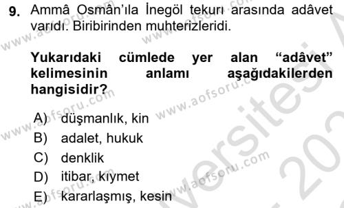 Osmanlı Türkçesi Metinleri 1 Dersi 2020 - 2021 Yılı Yaz Okulu Sınavı 9. Soru
