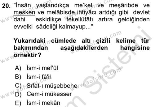 Osmanlı Türkçesi Metinleri 1 Dersi 2021 - 2022 Yılı (Vize) Ara Sınavı 20. Soru