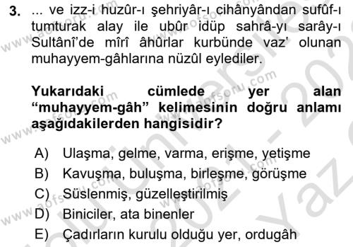 Osmanlı Türkçesi Metinleri 1 Dersi 2021 - 2022 Yılı Yaz Okulu Sınavı 3. Soru