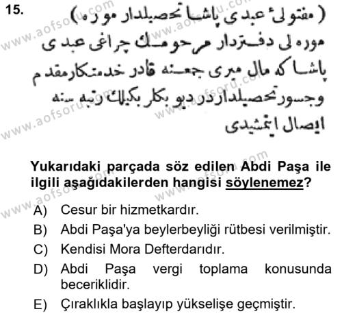 Osmanlı Türkçesi Metinleri 1 Dersi 2022 - 2023 Yılı (Vize) Ara Sınavı 15. Soru