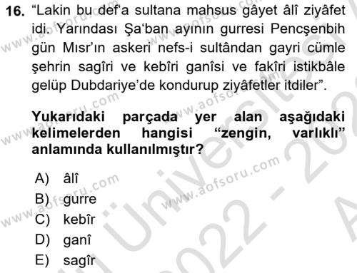 Osmanlı Türkçesi Metinleri 1 Dersi 2022 - 2023 Yılı (Vize) Ara Sınavı 16. Soru