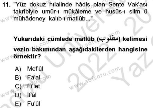 Osmanlı Türkçesi Metinleri 1 Dersi 2022 - 2023 Yılı Yaz Okulu Sınavı 11. Soru