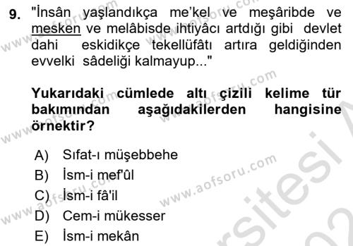 Osmanlı Türkçesi Metinleri 1 Dersi 2023 - 2024 Yılı (Vize) Ara Sınavı 9. Soru