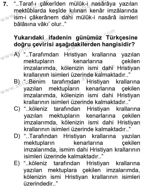 Osmanlı Türkçesi Metinleri 2 Dersi 2012 - 2013 Yılı (Final) Dönem Sonu Sınavı 7. Soru