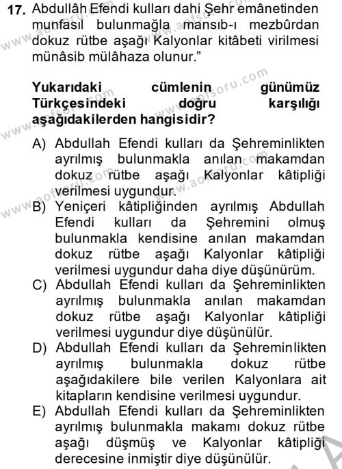 Osmanlı Türkçesi Metinleri 2 Dersi 2013 - 2014 Yılı (Vize) Ara Sınavı 17. Soru