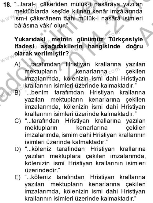 Osmanlı Türkçesi Metinleri 2 Dersi 2014 - 2015 Yılı (Vize) Ara Sınavı 18. Soru