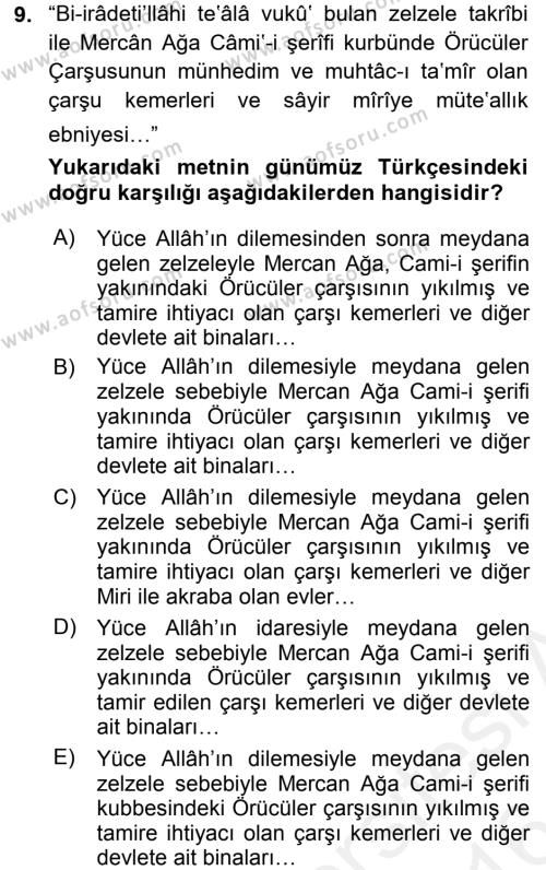 Osmanlı Türkçesi Metinleri 2 Dersi 2015 - 2016 Yılı (Vize) Ara Sınavı 9. Soru