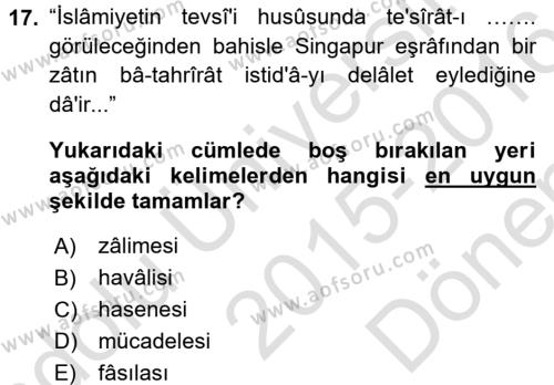Osmanlı Türkçesi Metinleri 2 Dersi 2015 - 2016 Yılı (Final) Dönem Sonu Sınavı 17. Soru