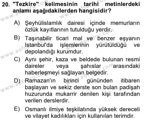 Osmanlı Türkçesi Metinleri 2 Dersi 2021 - 2022 Yılı Yaz Okulu Sınavı 20. Soru
