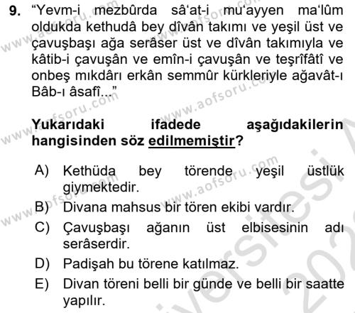 Osmanlı Türkçesi Metinleri 2 Dersi 2021 - 2022 Yılı Yaz Okulu Sınavı 9. Soru
