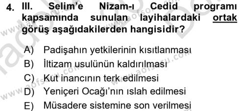 Osmanlı Yenileşme Hareketleri (1703-1876) Dersi 2015 - 2016 Yılı (Final) Dönem Sonu Sınavı 4. Soru