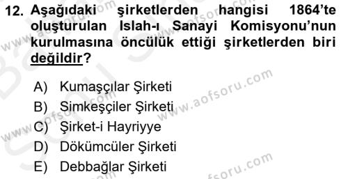 Osmanlı Yenileşme Hareketleri (1703-1876) Dersi 2018 - 2019 Yılı (Final) Dönem Sonu Sınavı 12. Soru