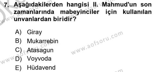 Osmanlı Yenileşme Hareketleri (1703-1876) Dersi 2018 - 2019 Yılı Yaz Okulu Sınavı 7. Soru