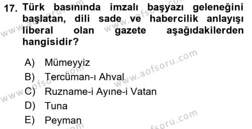 Osmanlı Yenileşme Hareketleri (1703-1876) Dersi 2020 - 2021 Yılı Yaz Okulu Sınavı 17. Soru