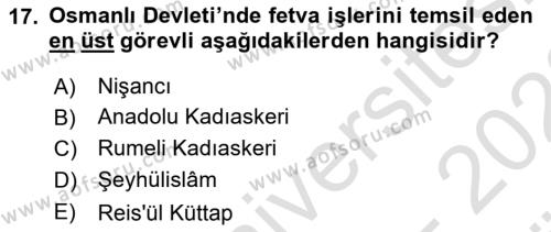 Osmanlı Yenileşme Hareketleri (1703-1876) Dersi 2021 - 2022 Yılı (Vize) Ara Sınavı 17. Soru