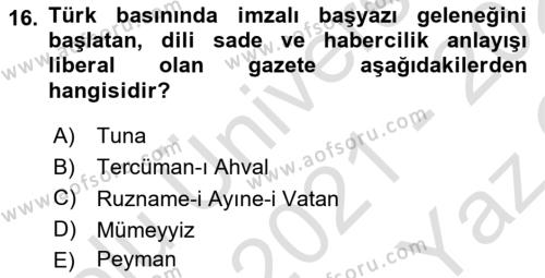 Osmanlı Yenileşme Hareketleri (1703-1876) Dersi 2021 - 2022 Yılı Yaz Okulu Sınavı 16. Soru