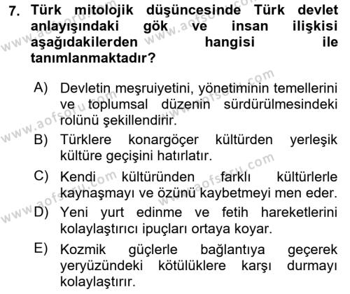 Türk Mitolojisi Dersi 2024 - 2025 Yılı (Vize) Ara Sınavı 7. Soru