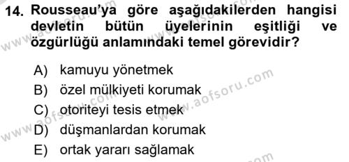 Siyasi Düşünceler Tarihi Dersi 2020 - 2021 Yılı Yaz Okulu Sınavı 14. Soru