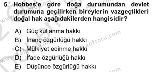 Siyasi Düşünceler Tarihi Dersi 2021 - 2022 Yılı (Final) Dönem Sonu Sınavı 5. Soru