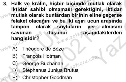 Siyasi Düşünceler Tarihi Dersi 2021 - 2022 Yılı Yaz Okulu Sınavı 3. Soru