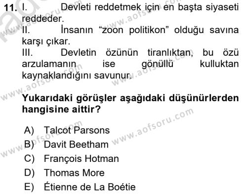 Siyasi Düşünceler Tarihi Dersi 2022 - 2023 Yılı Yaz Okulu Sınavı 11. Soru