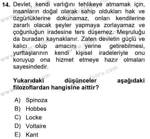 Siyasi Düşünceler Tarihi Dersi 2022 - 2023 Yılı Yaz Okulu Sınavı 14. Soru