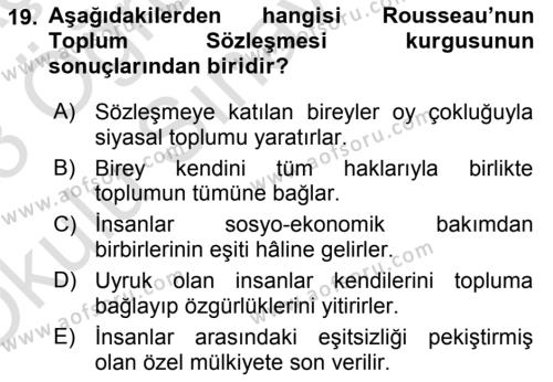 Siyasi Düşünceler Tarihi Dersi 2022 - 2023 Yılı Yaz Okulu Sınavı 19. Soru