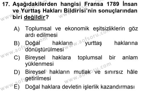 Siyasi Düşünceler Tarihi Dersi 2023 - 2024 Yılı (Final) Dönem Sonu Sınavı 17. Soru