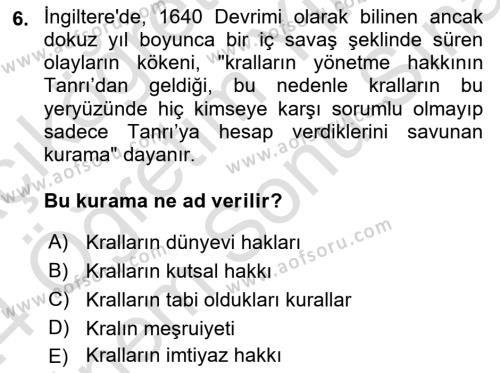 Siyasi Düşünceler Tarihi Dersi 2023 - 2024 Yılı (Final) Dönem Sonu Sınavı 6. Soru